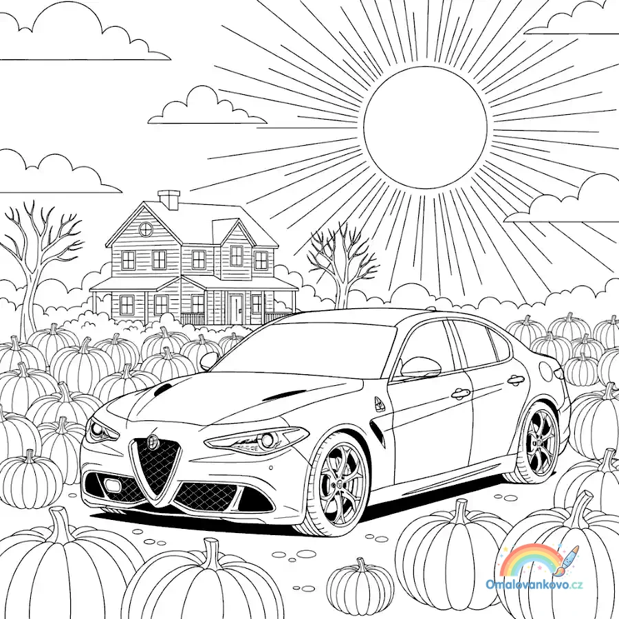 Alfa Romeo obklopená podzimními dýněmi - omalovánka