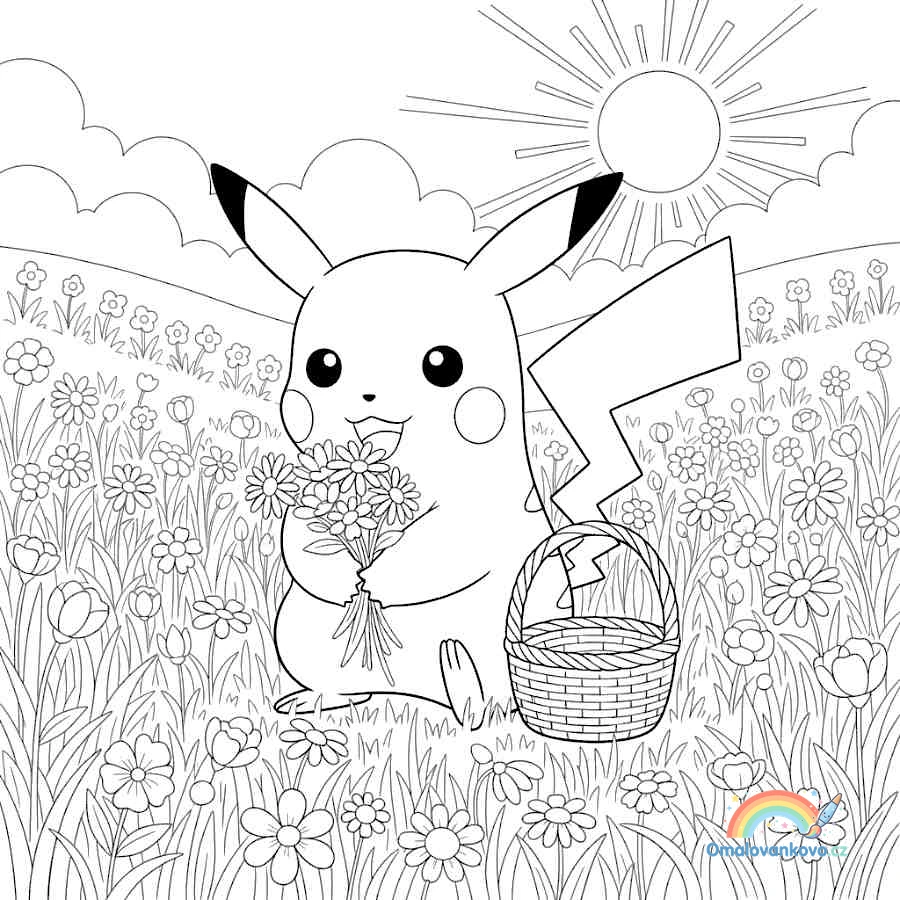 Omalovánka Pikachu sbírá květiny k vytisknutí na A4