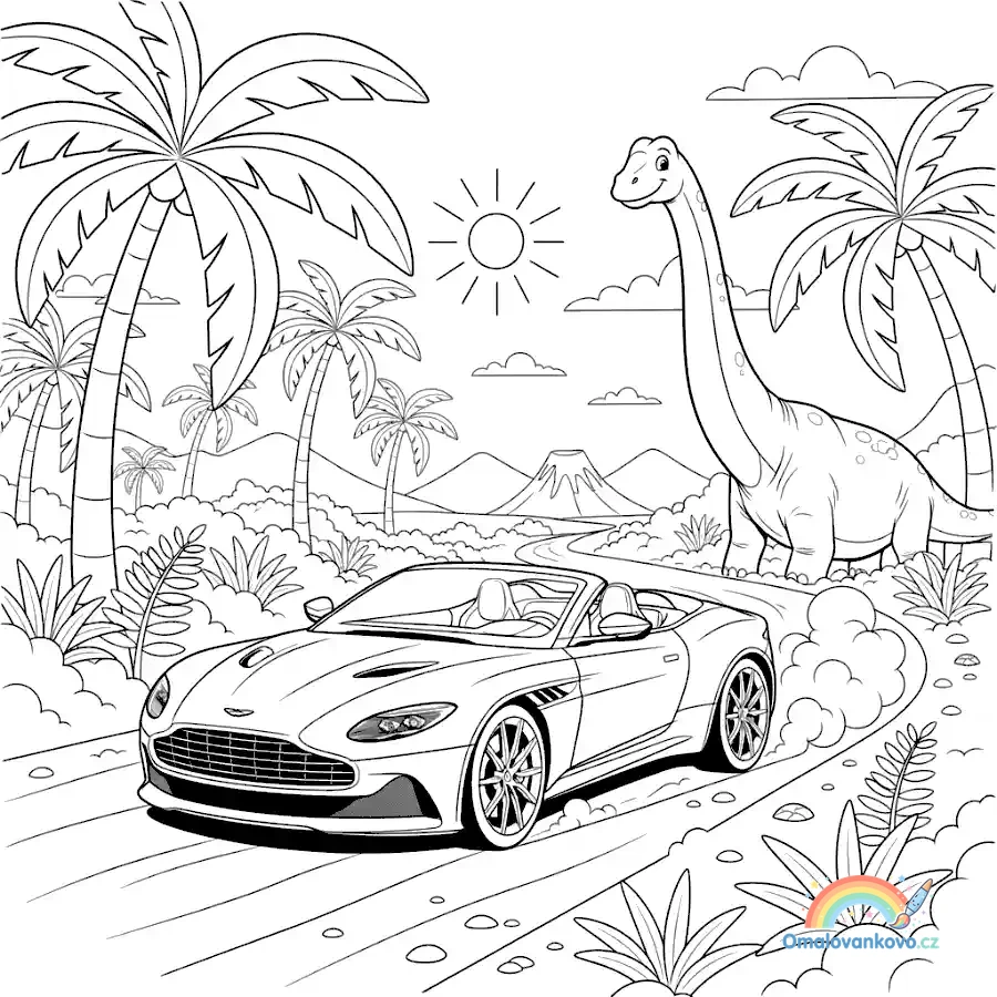 Omalovánka Aston Martin a dinosaurus k vytisknutí na A4