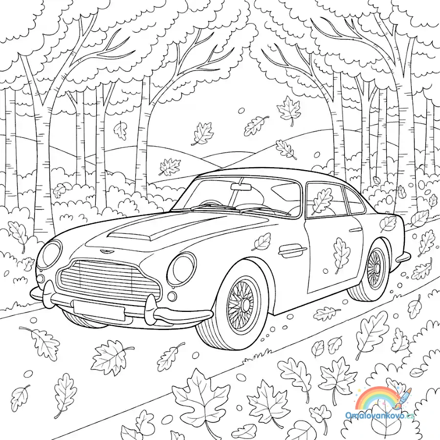 Omalovánka Aston Martin v podzimním lese k vytisknutí na A4