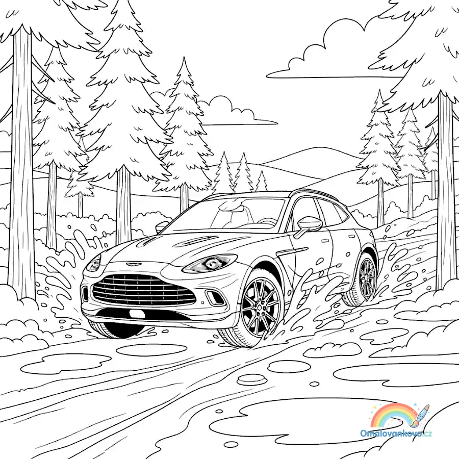 Omalovánka Aston Martin v blátě k vytisknutí na A4