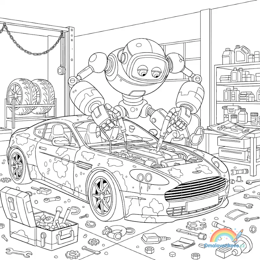Omalovánka Robot opravuje Aston Martin k vytisknutí na A4