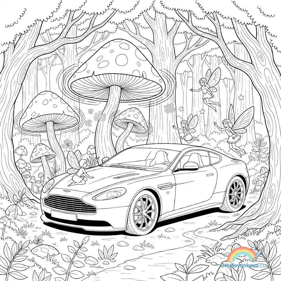 Omalovánka Aston Martin a víly k vytisknutí na A4