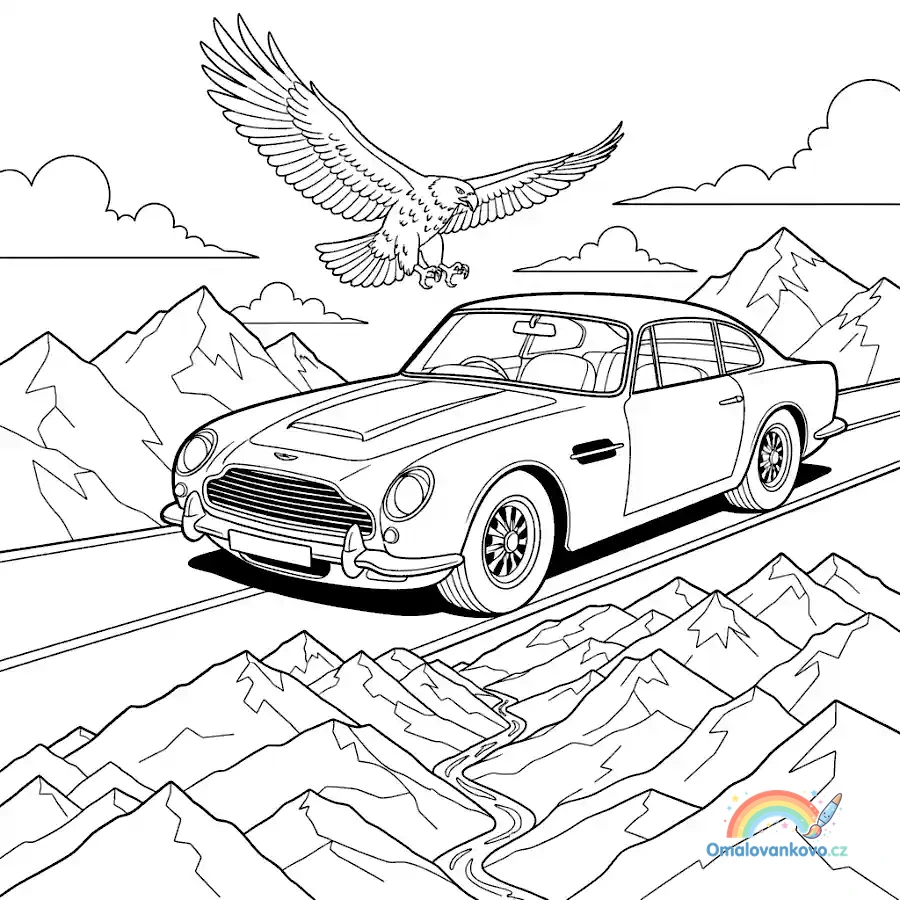 Omalovánka Aston Martin v horách k vytisknutí na A4