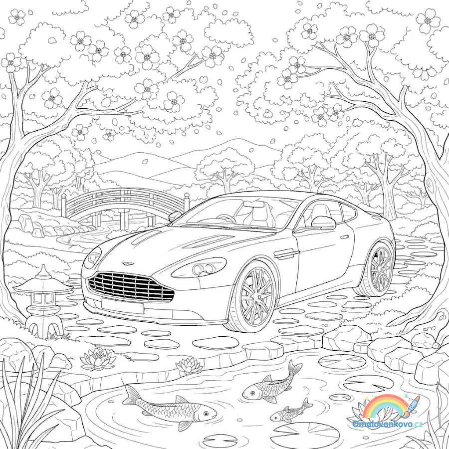 Omalovánka Aston Martin pod třešněmi k vytisknutí na A4