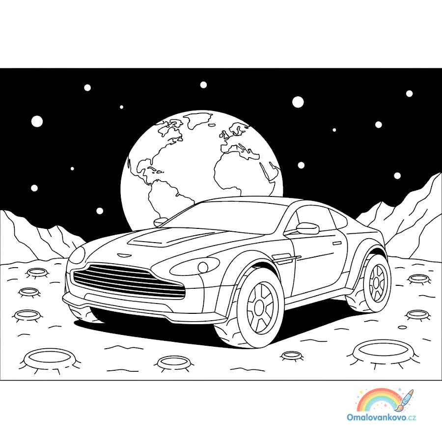 Omalovánka Aston Martin na Měsíci k vytisknutí na A4