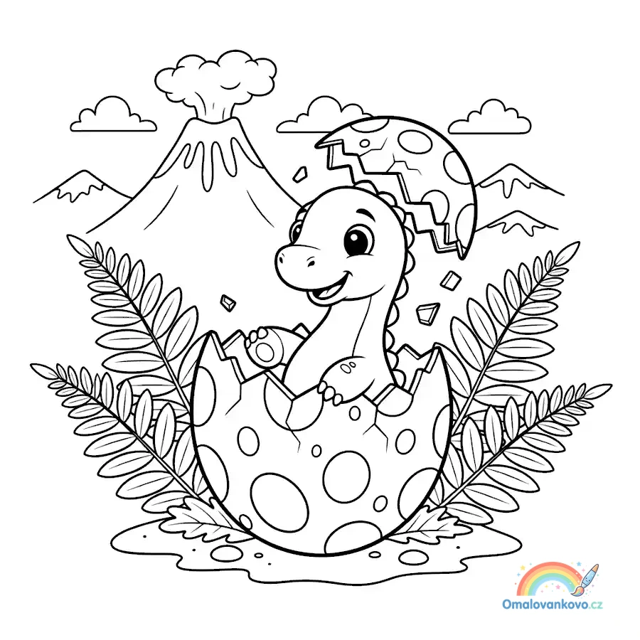 Omalovánka baby shower roztomilý malý dinosaurus rodící se z vajíčka