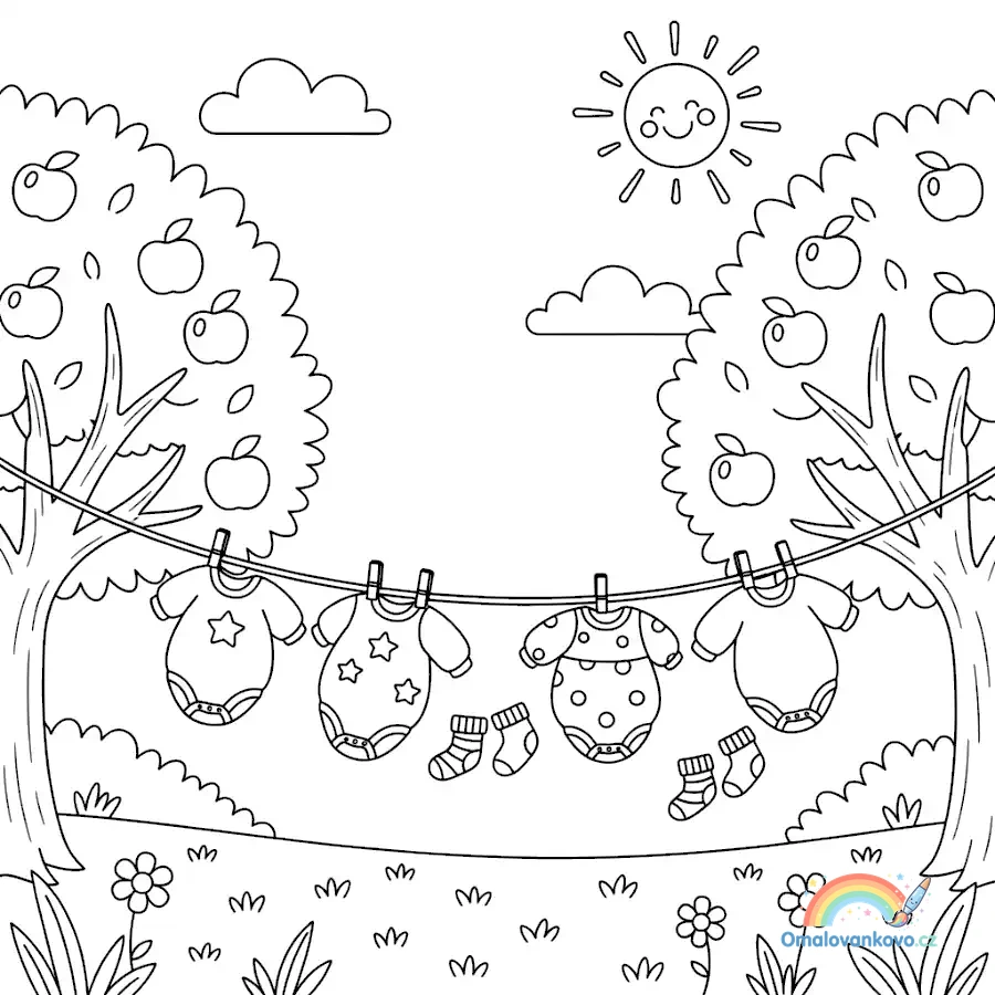 Omalovánka baby shower dětské oblečení visící na šňůře v sadu