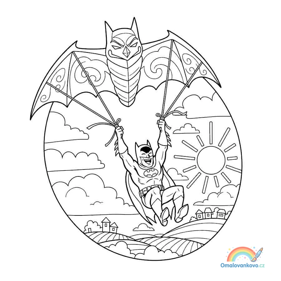 Omalovánka Batman letí na draku k vytisknutí na A4