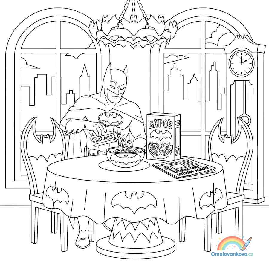 Omalovánka Batman nalévá cereálie k vytisknutí na A4