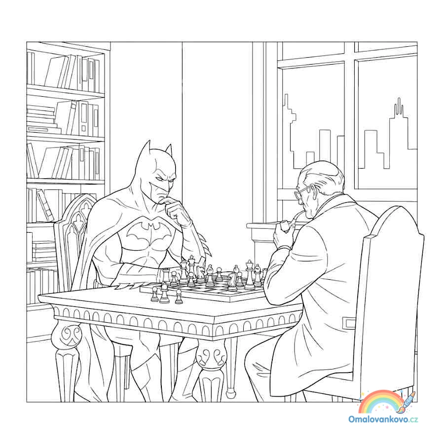Omalovánka Batman a Gordon u šachů k vytisknutí na A4