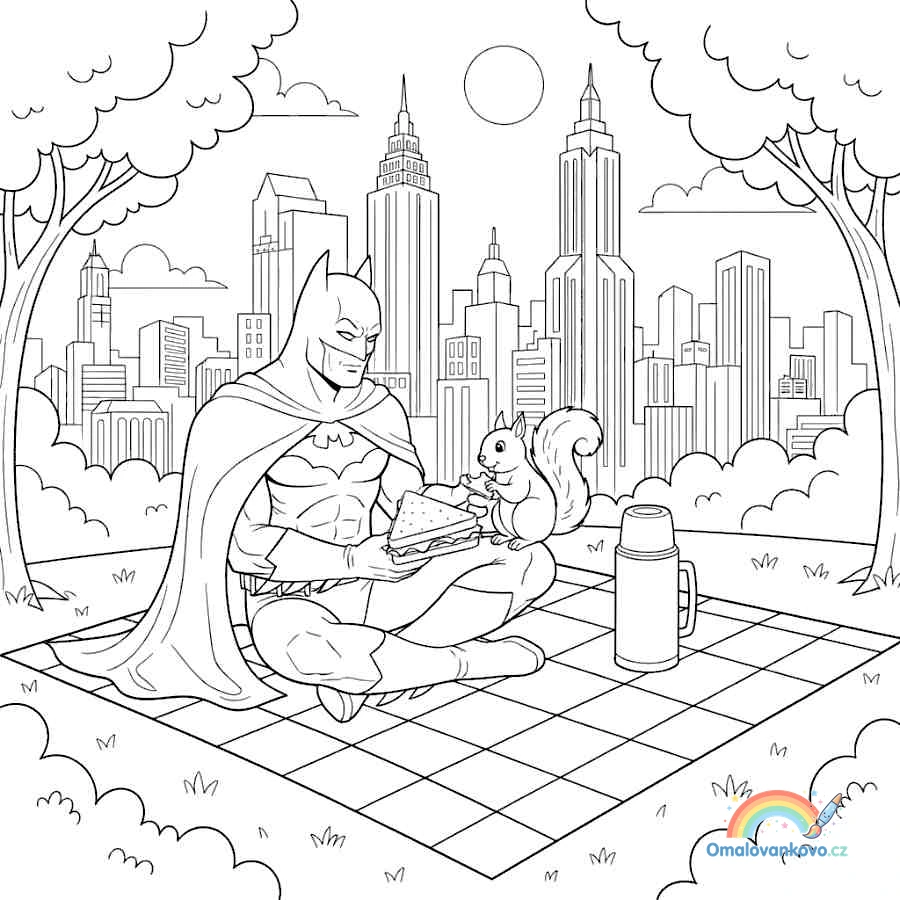Omalovánka Batman a veverka na pikniku k vytisknutí na A4