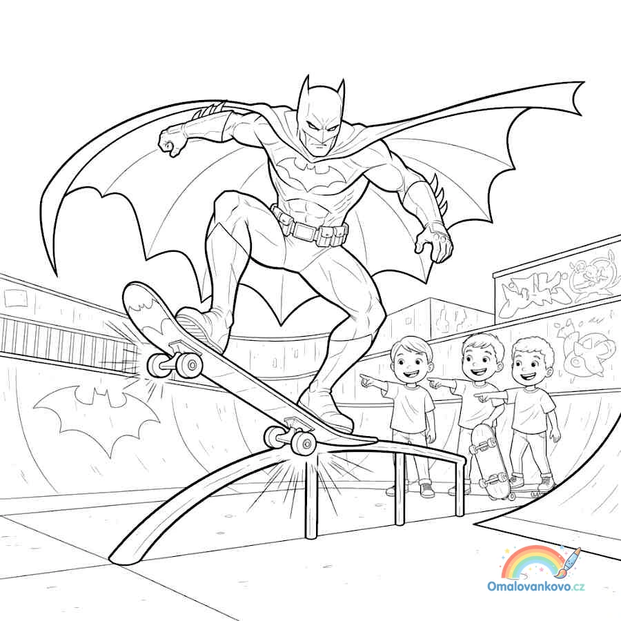 Omalovánka Batman bruslí ve skateparku k vytisknutí na A4