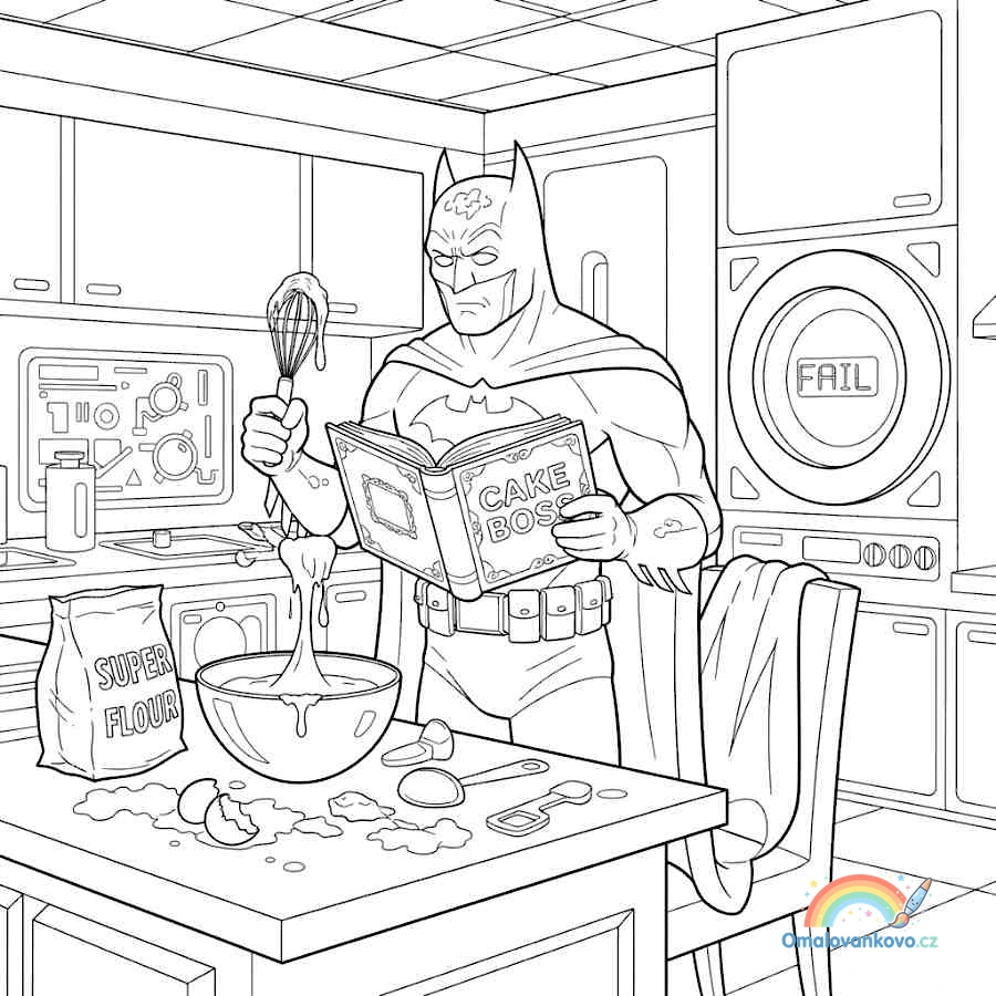 Omalovánka Batman peče dort k vytisknutí na A4