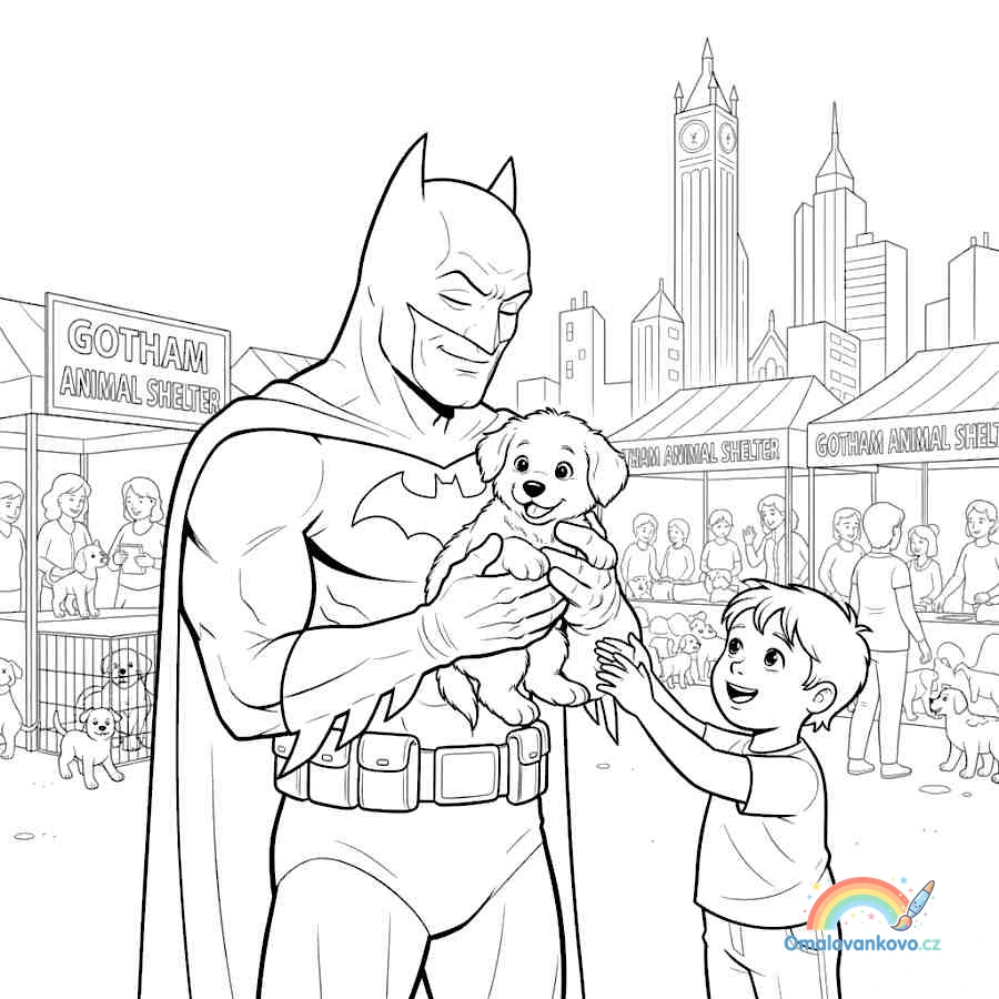 Omalovánka Batman, štěně a dítě k vytisknutí na A4