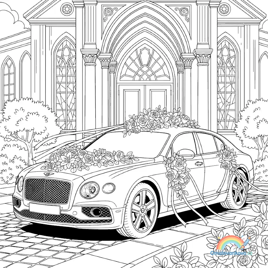 Omalovánka Svatební Bentley v květinách k vytisknutí na A4