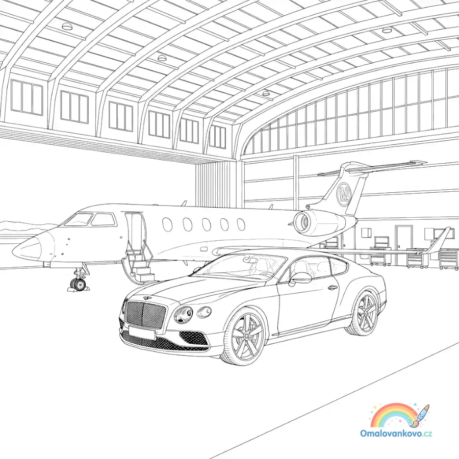 Omalovánka Bentley a soukromé letadlo k vytisknutí na A4