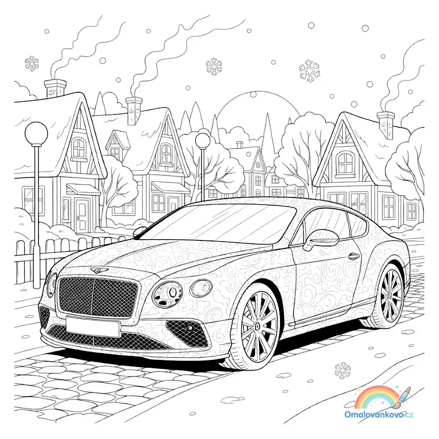 Omalovánka Bentley v zimní vesnici k vytisknutí na A4