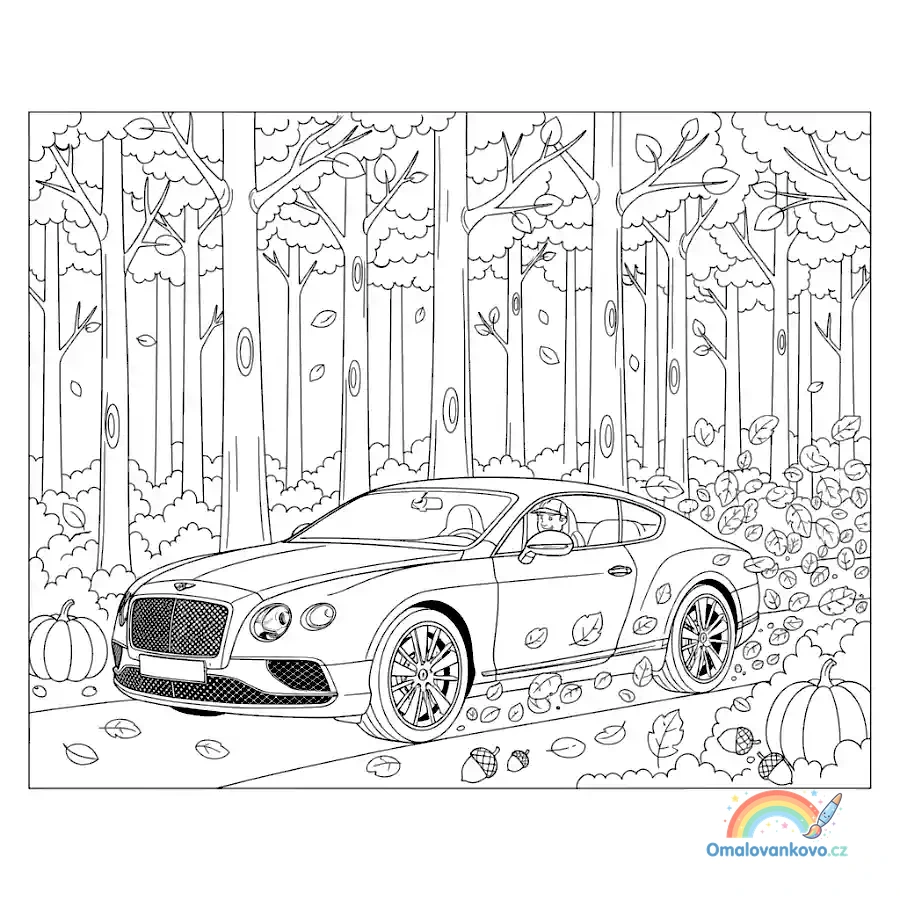 Omalovánka Bentley v podzimním lese k vytisknutí na A4