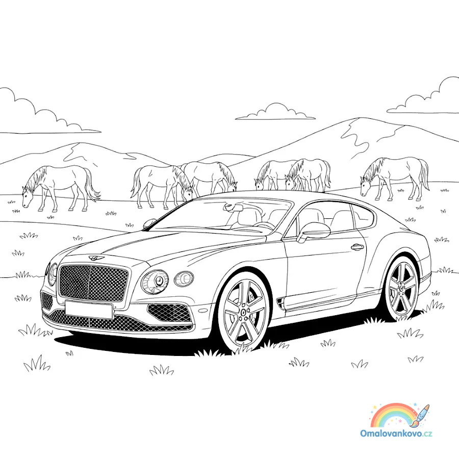 Bentley v krajině s probíhajícími divokými koňmi
