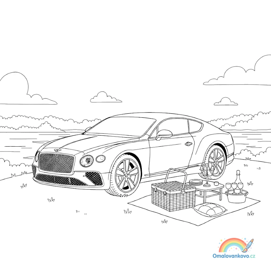 Bentley zaparkované na louce během pohodového rodinného pikniku