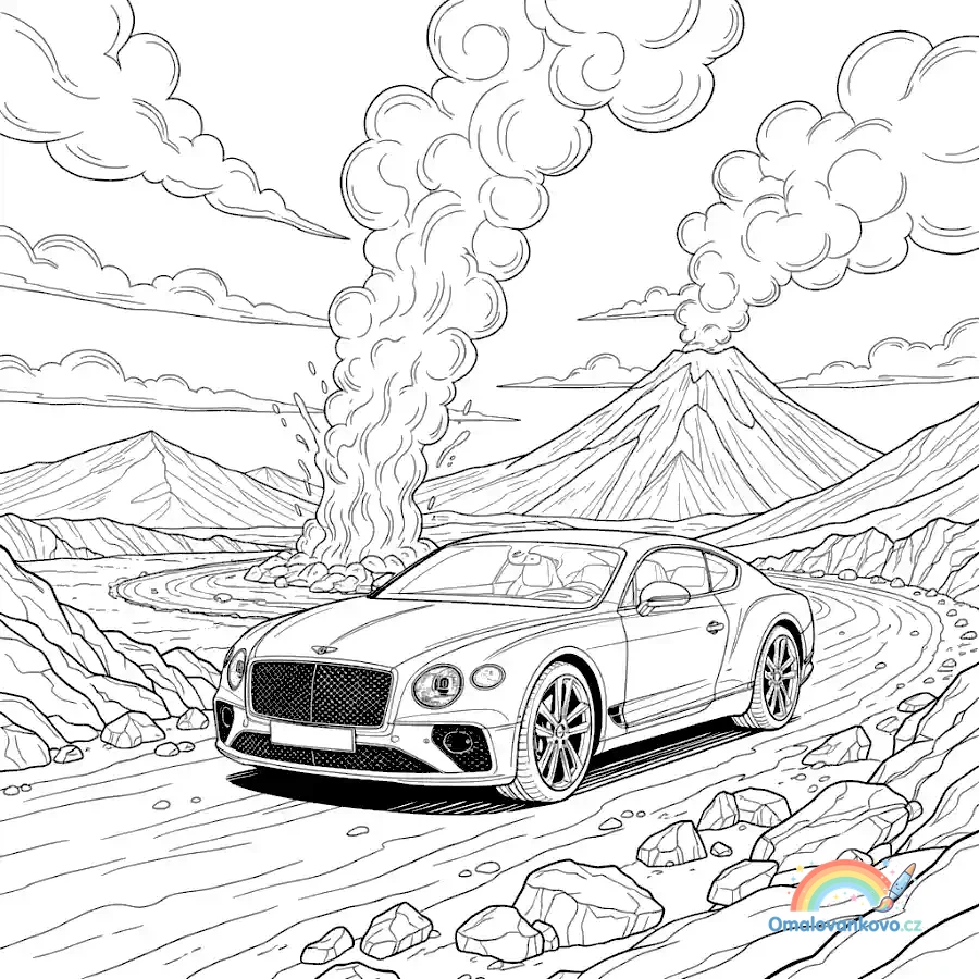 Omalovánka Bentley parkujícího v přírodě poblíž vyvěrajícího gejzíru