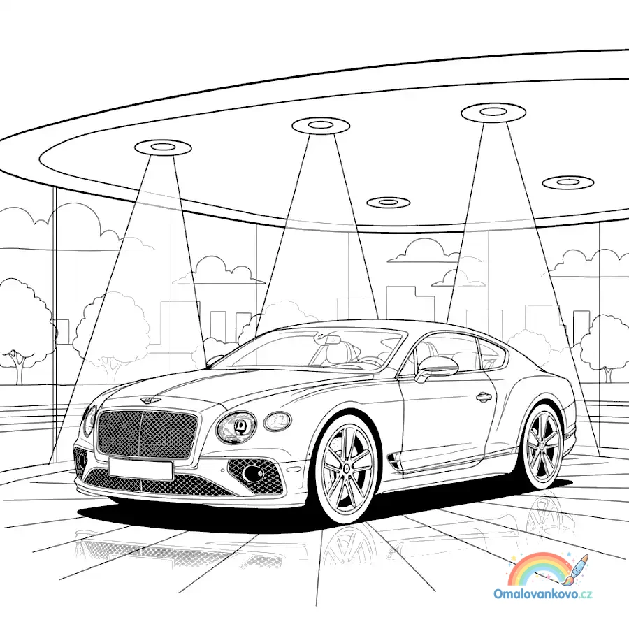 Interiérová omalovánka Bentley vystaveného v moderním designovém salonu