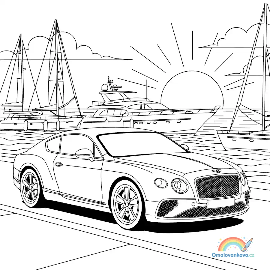 Bentley stojící u mola v luxusním přístavu plném jachet