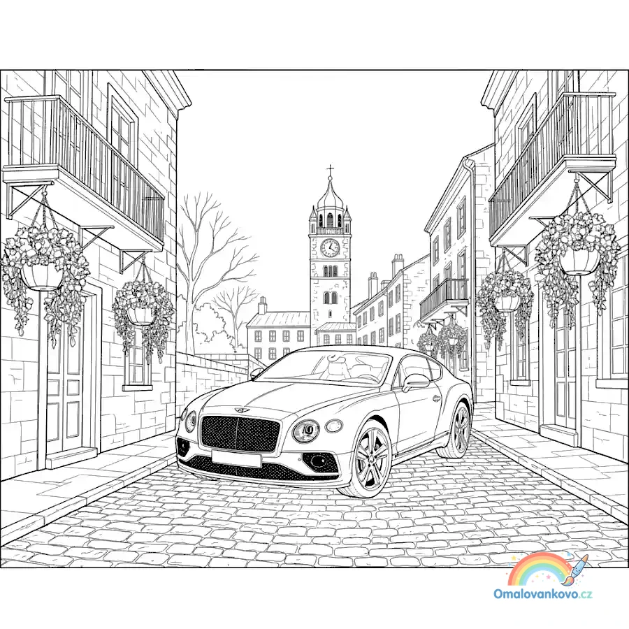 Detailní omalovánka Bentley na úzké a strmé historické uličce