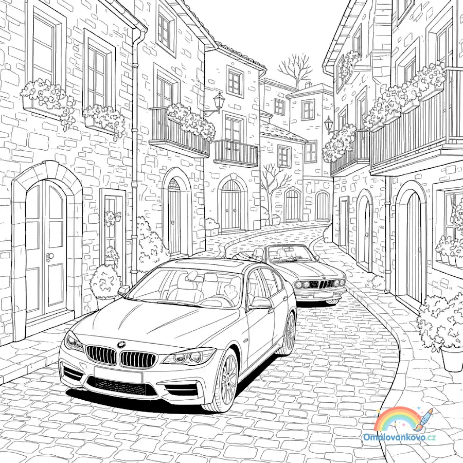Omalovánka BMW ve starém městě k vytisknutí na A4