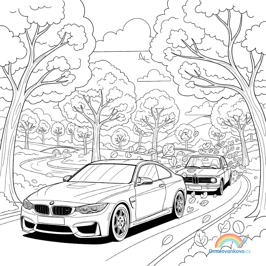 Omalovánka BMW v podzimním parku k vytisknutí na A4