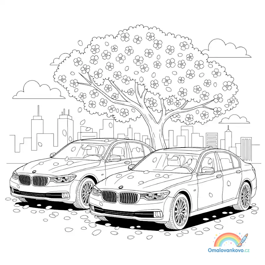 Omalovánka BMW v květech třešní k vytisknutí na A4