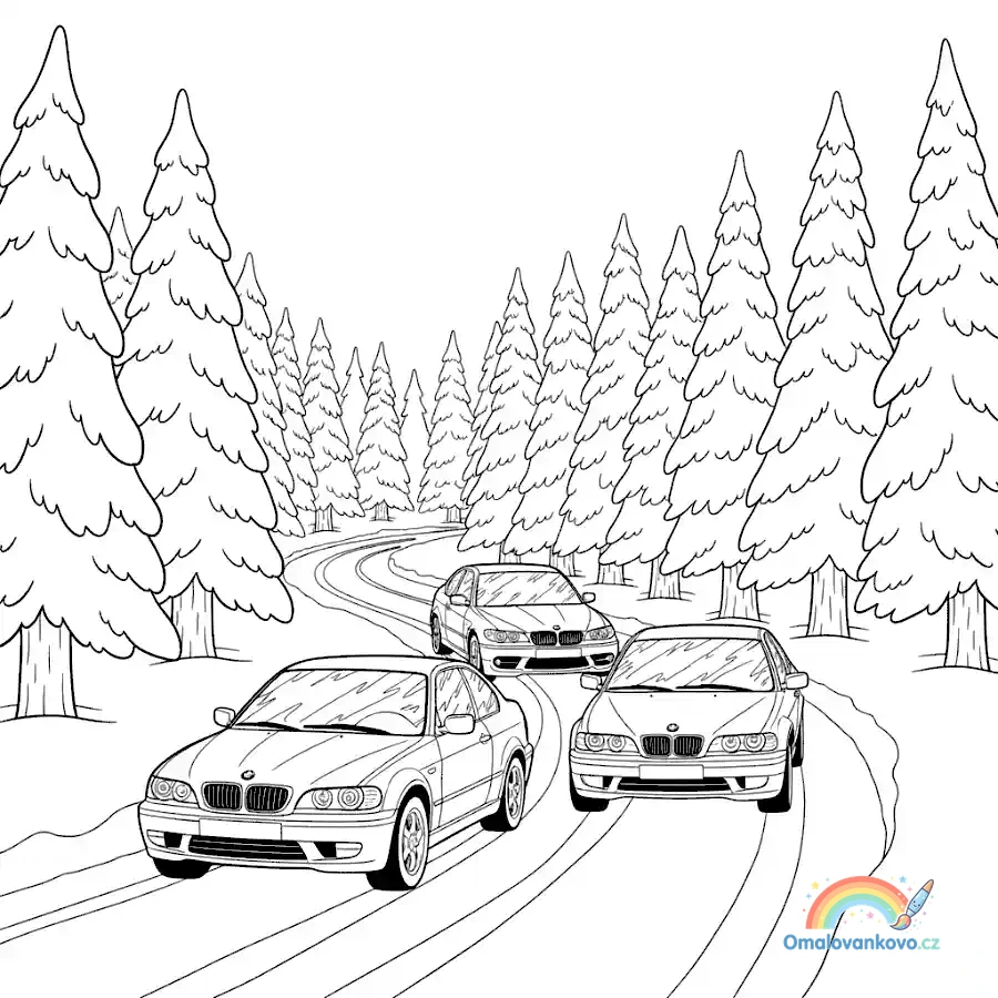 Omalovánka BMW v zimním lese k vytisknutí na A4