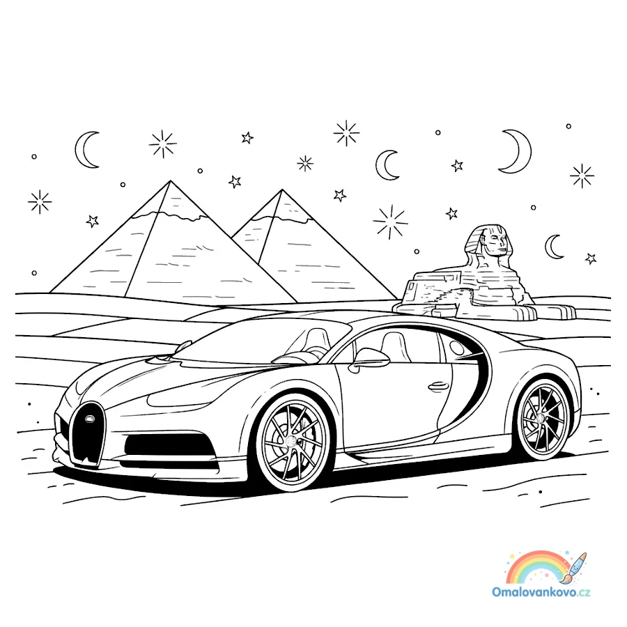 Omalovánka Bugatti pod pyramidami k vytisknutí na A4