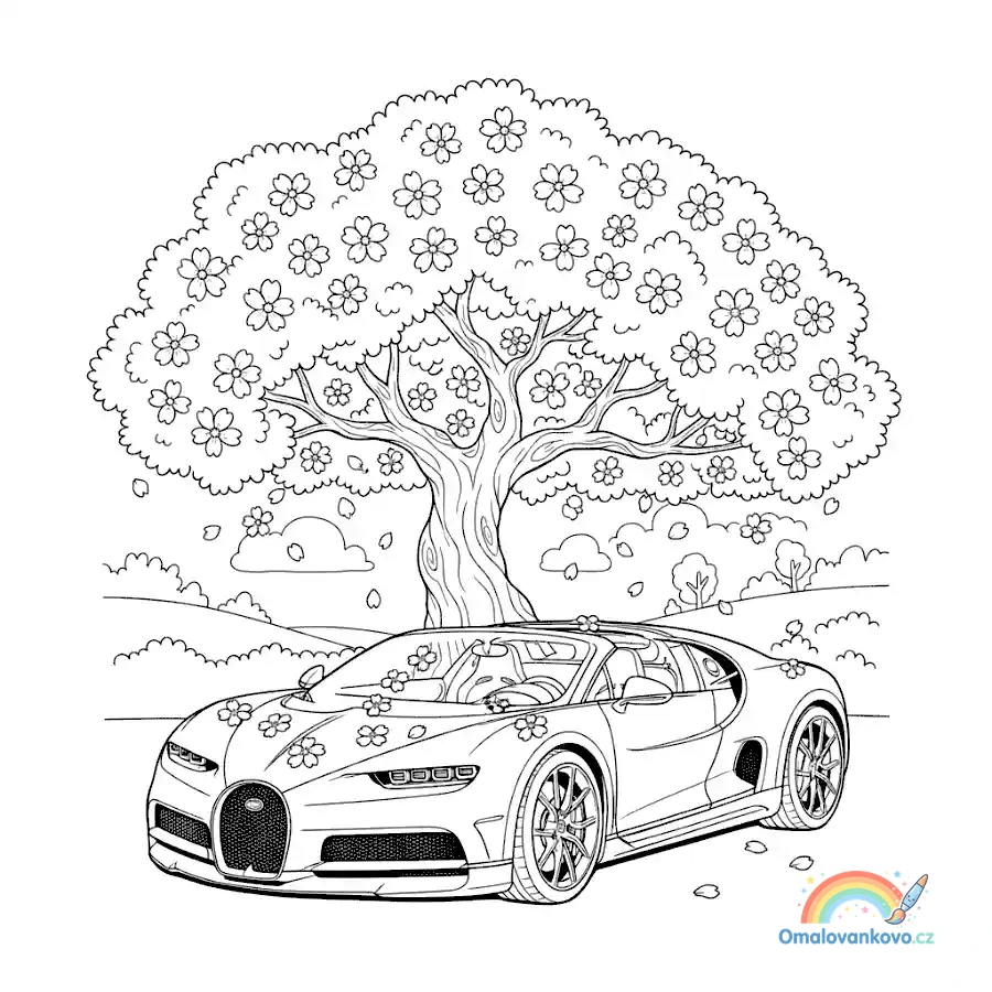 Omalovánka Bugatti pod kvetoucím stromem k vytisknutí na A4
