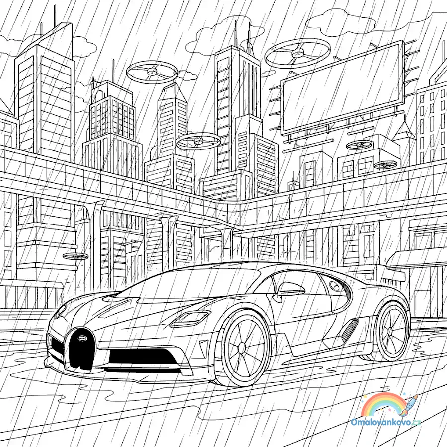 Omalovánka Bugatti ve městě k vytisknutí na A4
