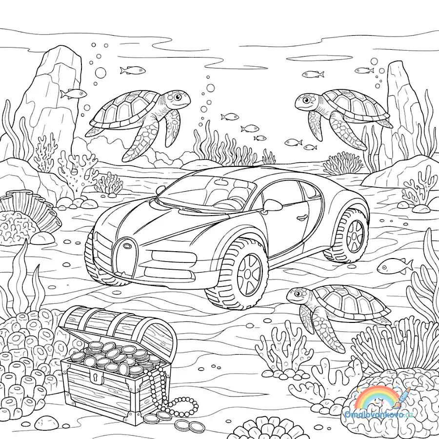 Omalovánka Bugatti na dně moře k vytisknutí na A4