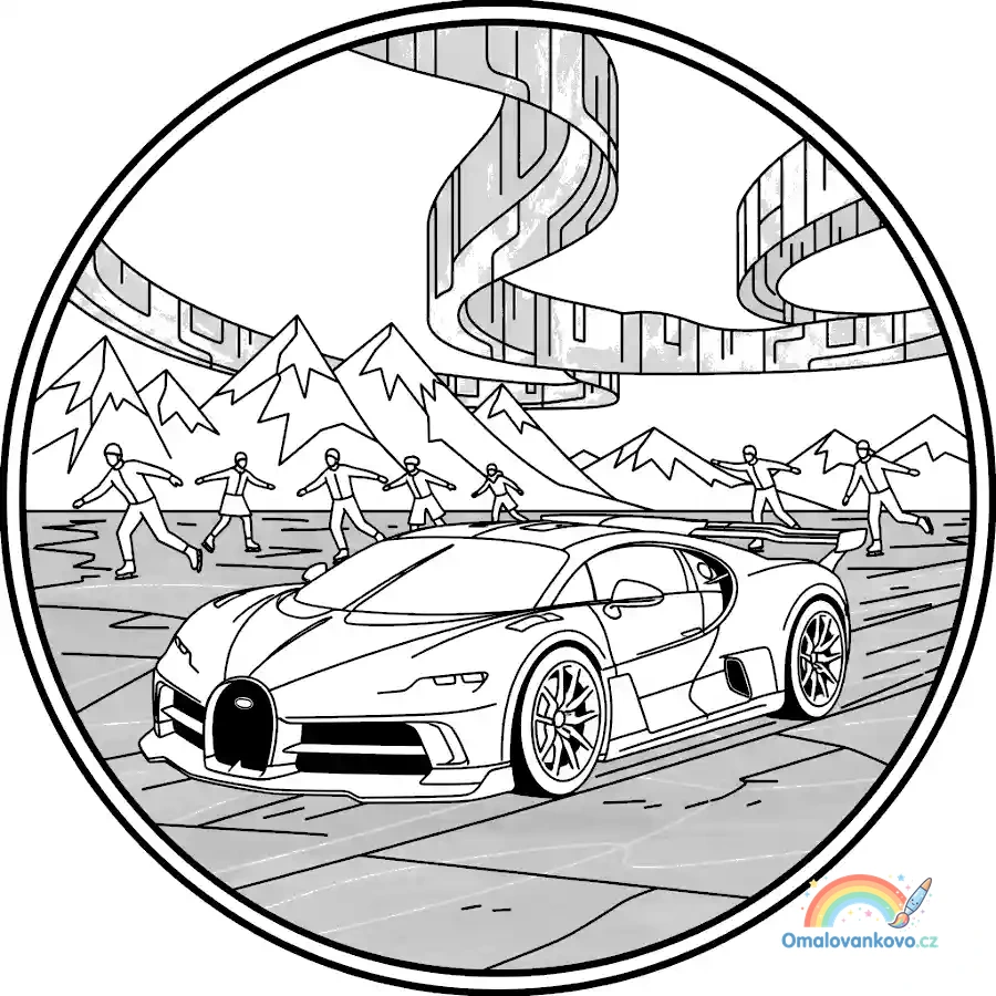 Omalovánka Bugatti pod polární září k vytisknutí na A4