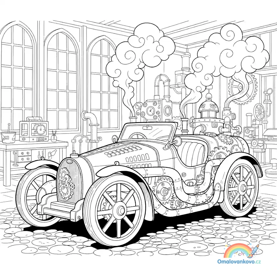 Omalovánka Steampunkové Bugatti k vytisknutí na A4