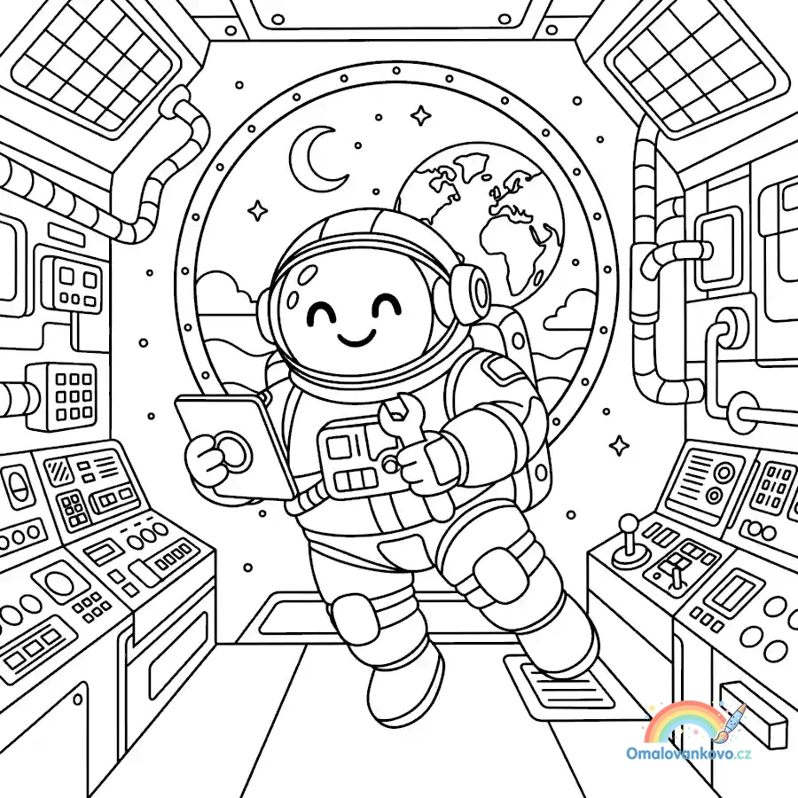 Omalovánka Den emotikonů - smajlík v astronautském obleku na oběžné dráze
