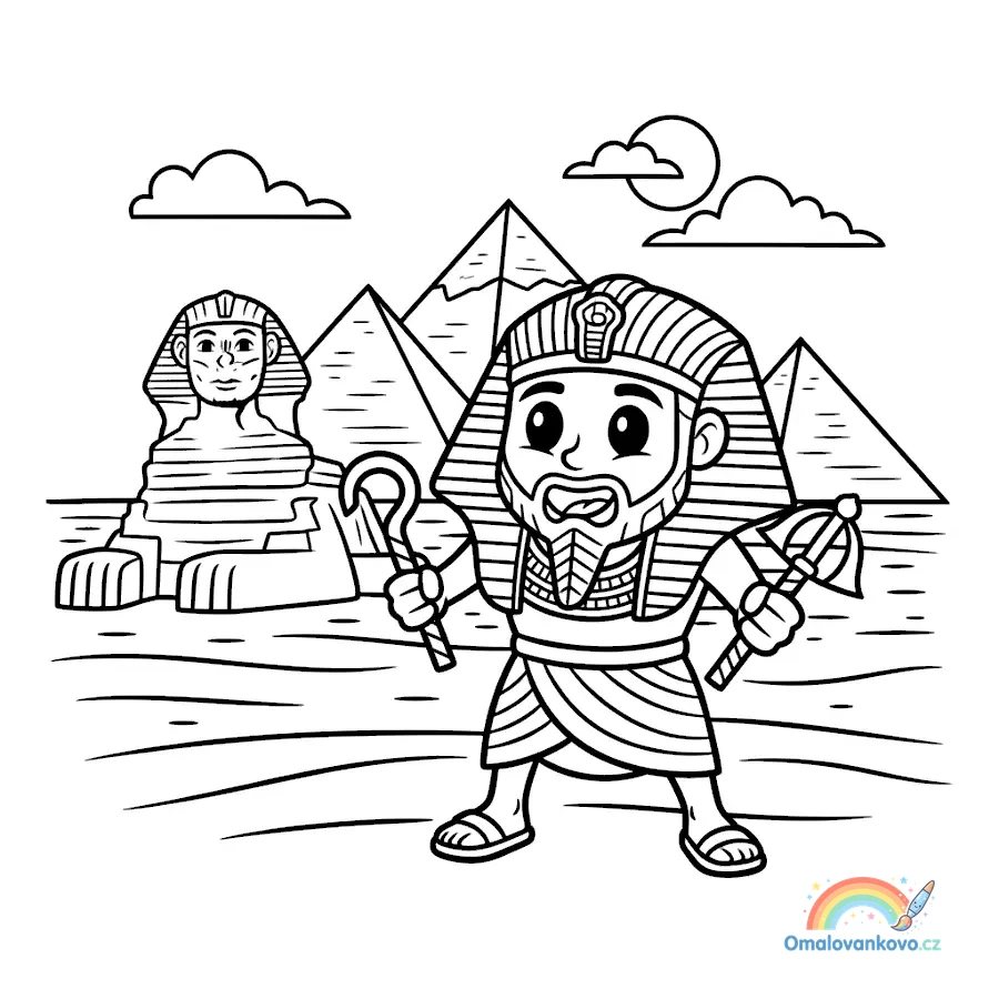 Omalovánka Den emotikonů - žlutý faraon stojící před egyptskými pyramidami