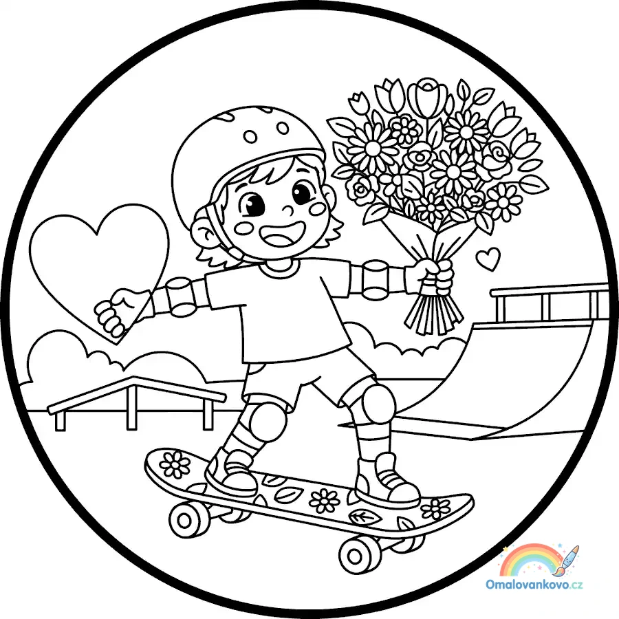 Omalovánka maminka jezdící na skateboardu k vytisknutí na A4 pro Den matek