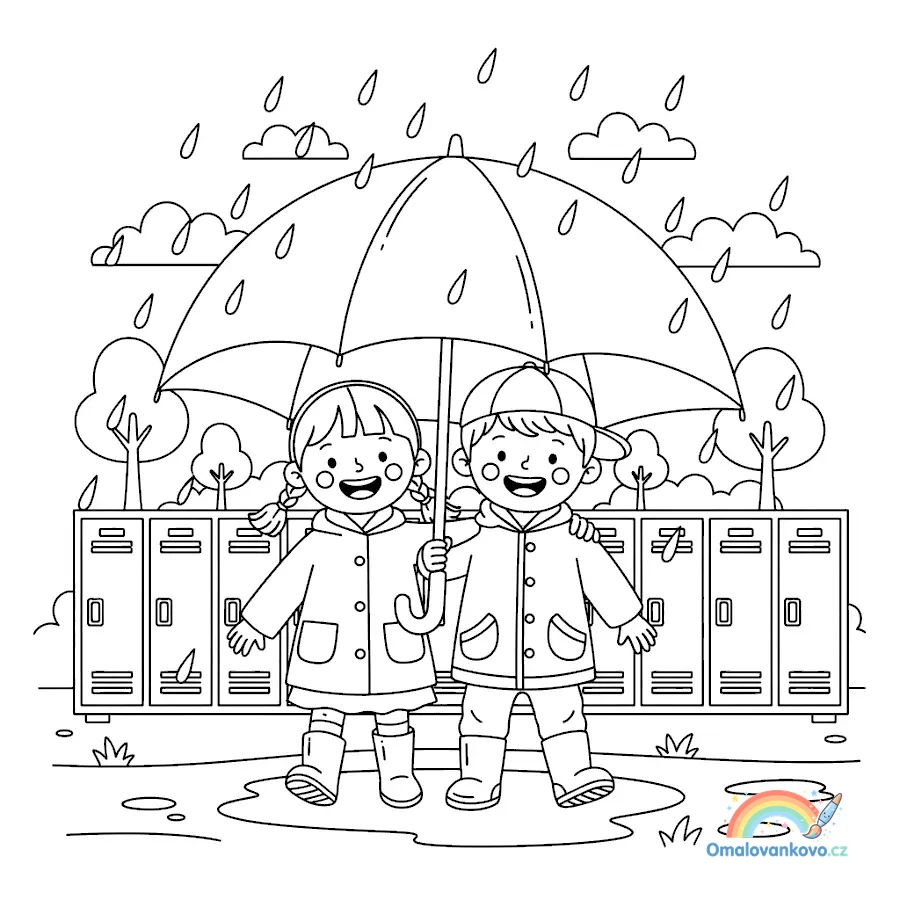 Omalovánka Předškoláci pod deštníkem k vytisknutí na A4
