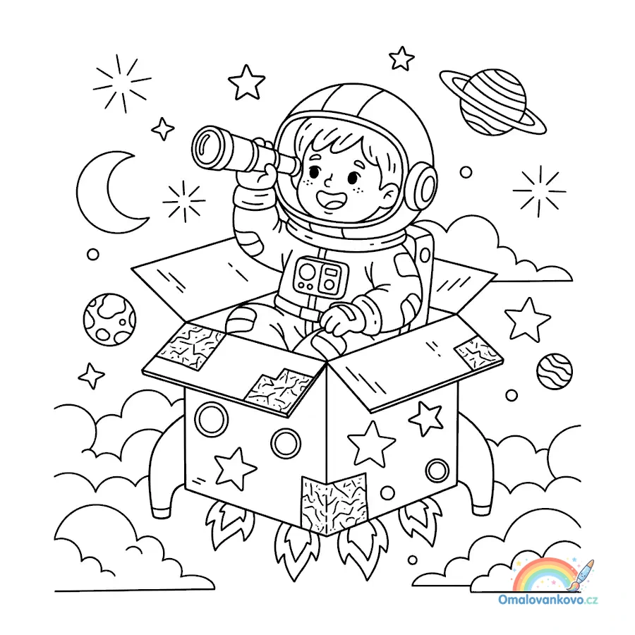 Maly astronaut v rakeze omalovanka pro deti ke stazeni
