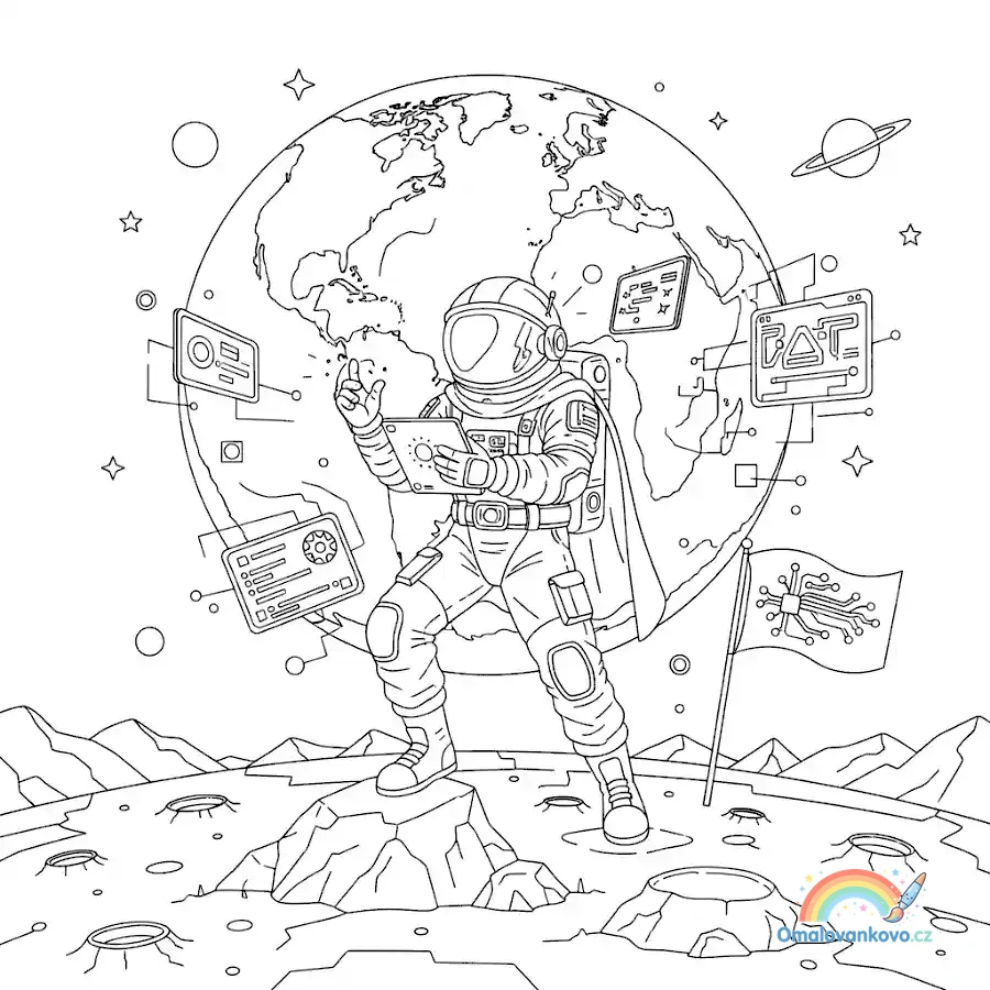 Kosmonaut píšící kód na povrchu Měsíce s planetou Zemí v pozadí