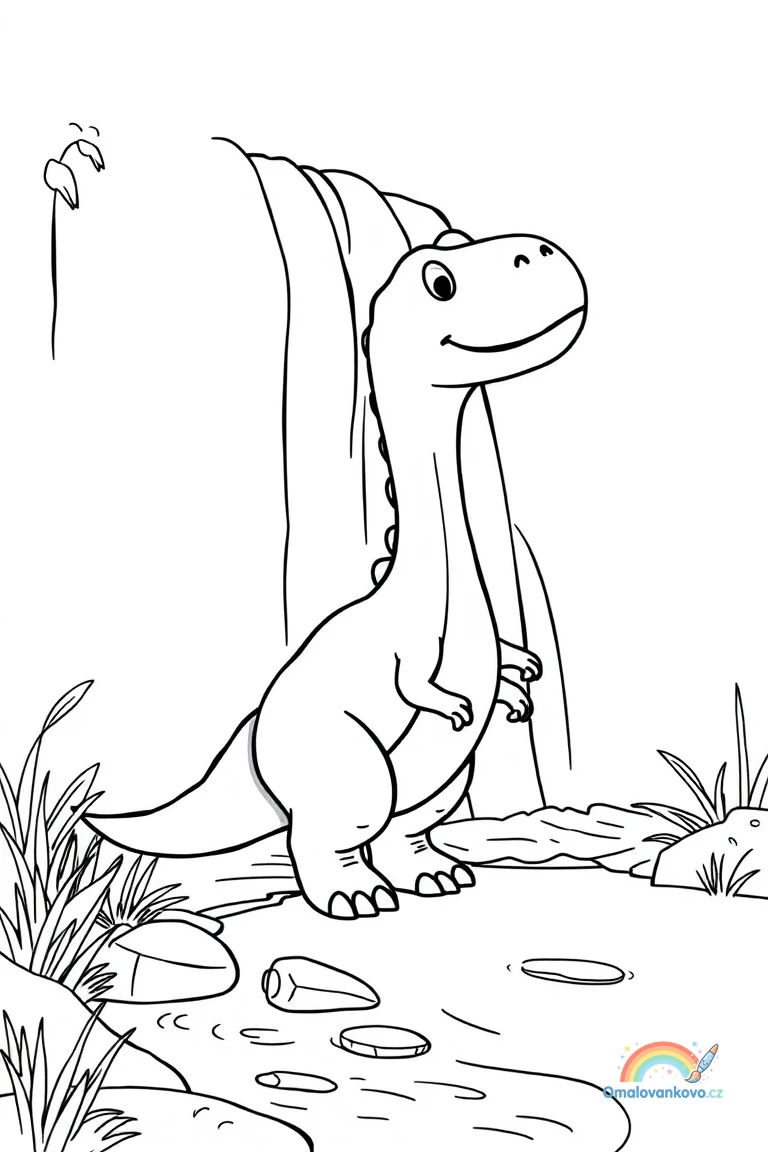 Omalovánka hravé dinosauří mládě v pohybu k vytisknutí na A4