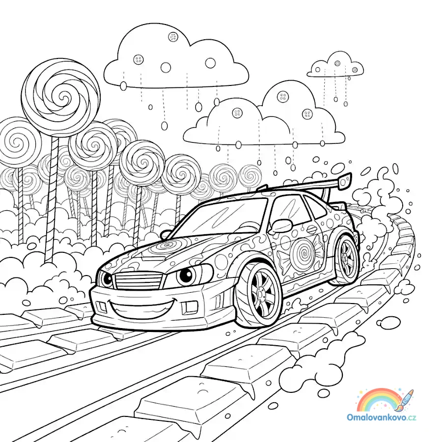 Fantastické driftovací auto v pohádkové zemi plné sladkostí a cukrovinek.