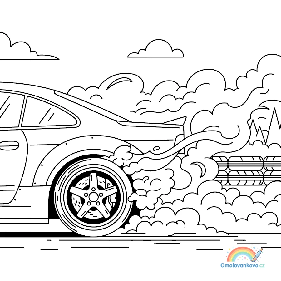 Detailní záběr na protáčející se kolo a hustý kouř při driftu.
