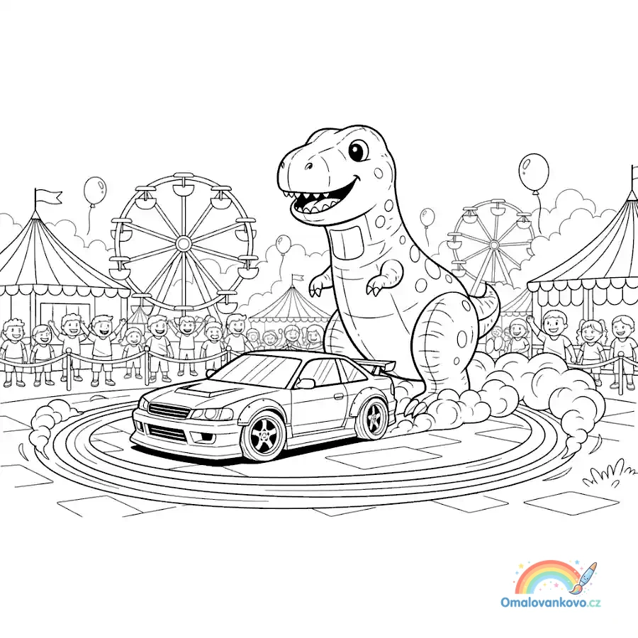 Zábavná scéna, kde driftující auto potkává obřího přátelského dinosaura.