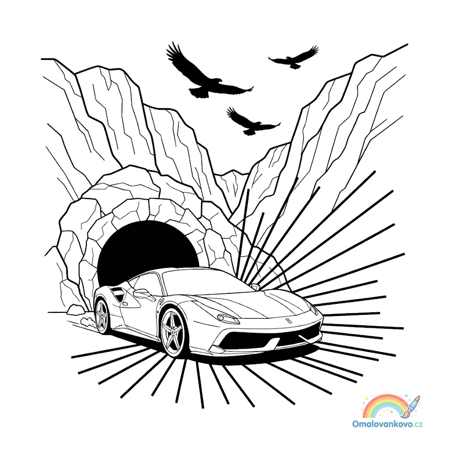 Omalovánka Ferrari vyjíždí z tunelu k vytisknutí na A4